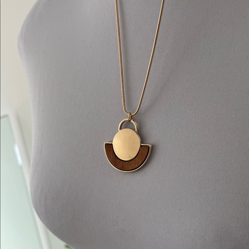 ZAD Art Deco Style Wood & Gold Tone Metal Pendant 30" Snake Chain Boho Coastal